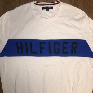 Tommy Hilfiger Mens Large Pullover Sweater Sweatshirt White Blue Logo Casual